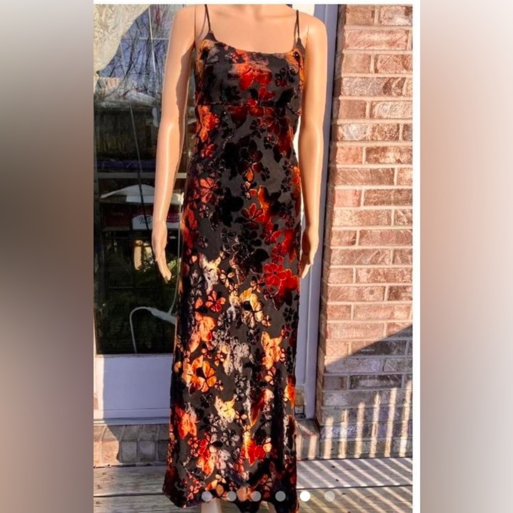 Fall Vintage 90s Burnout Velvet Corset Back Black & Orange/Copper Prom Dress